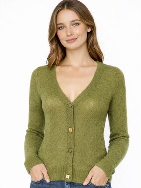 Anthropologie Charlie & Robin Green Mohair Cardigan S Fuzzy Button Front